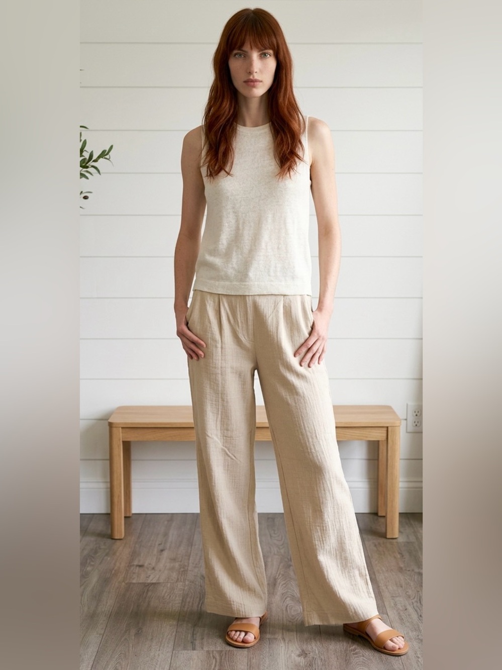 Ladies Magaschoni Organic Cotton Gauze Wide Leg Pants Beige Size L NWT
